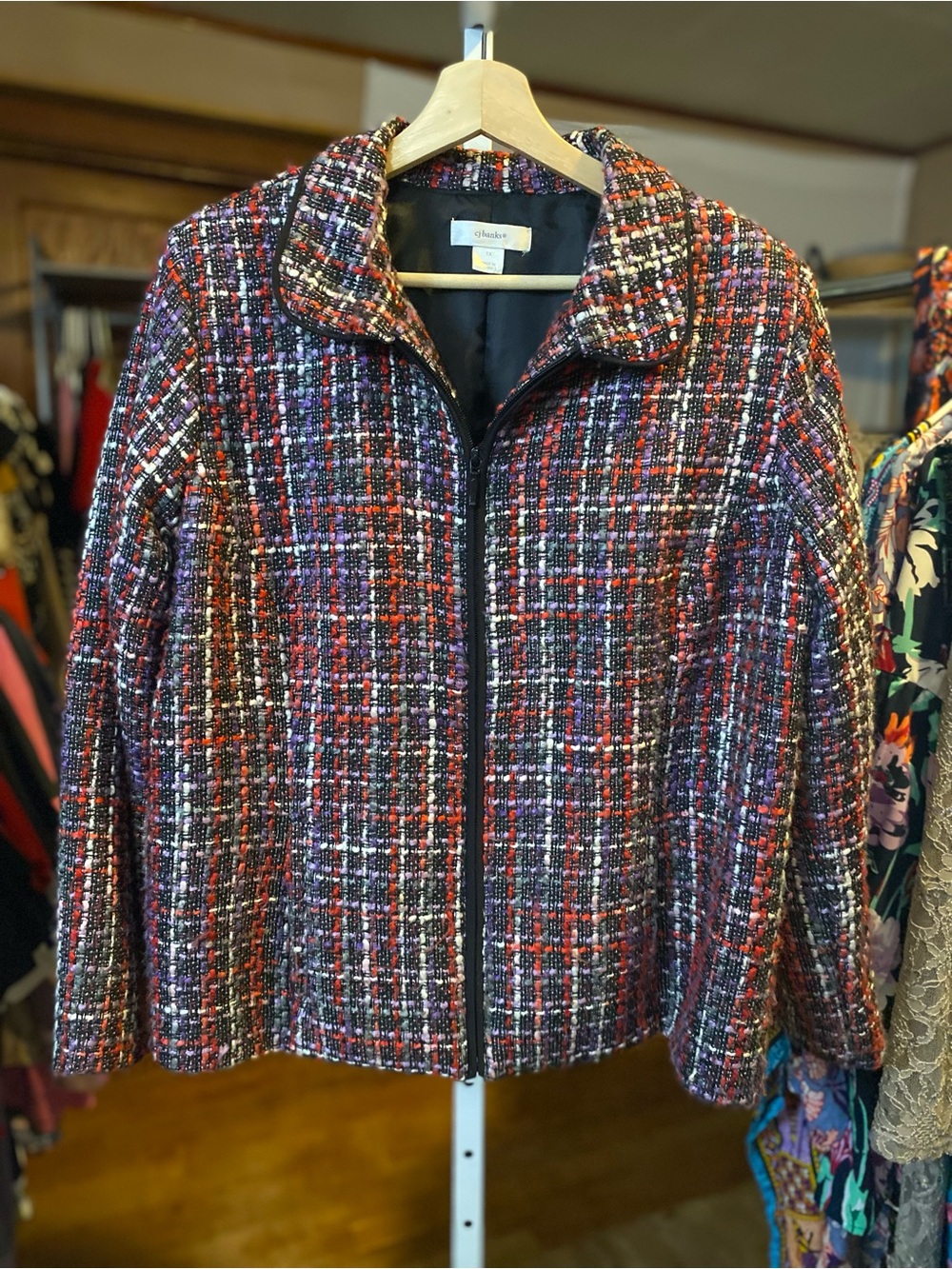 CJ Banks Multi-Color Tweed Zip Blazer Style Jacket with Red and Black Accents